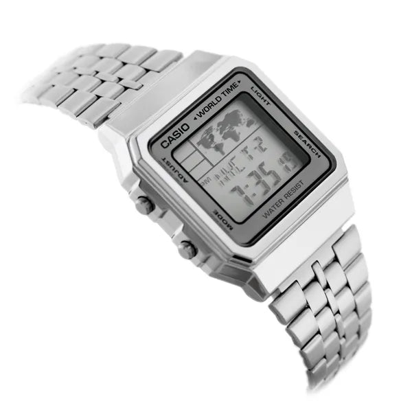 Casio Vintage férfi digitális karóra A500WA-7, ezüst, acél szíj, WR30