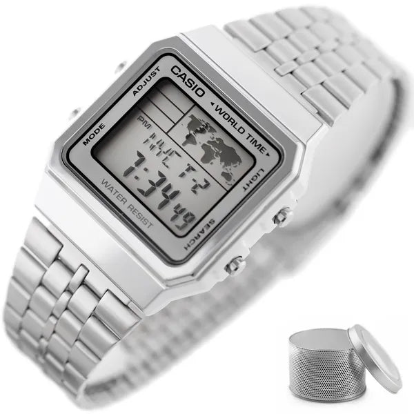 Casio Vintage férfi digitális karóra A500WA-7, ezüst, acél szíj, WR30