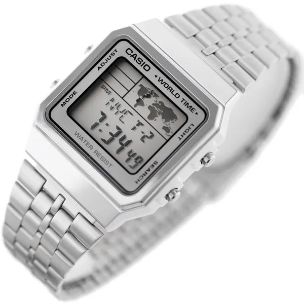 Casio Vintage férfi digitális karóra A500WA-7, ezüst, acél szíj, WR30