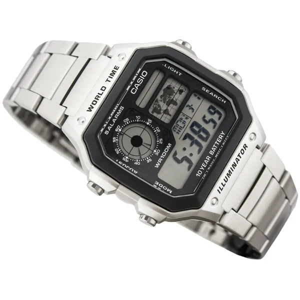 Casio AE-1200WHD-1A férfi karóra, acél szíj, kvarc, világidő, WR100