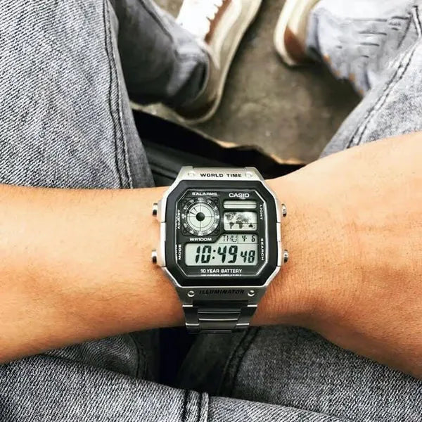 Casio AE-1200WHD-1A férfi karóra, acél szíj, kvarc, világidő, WR100