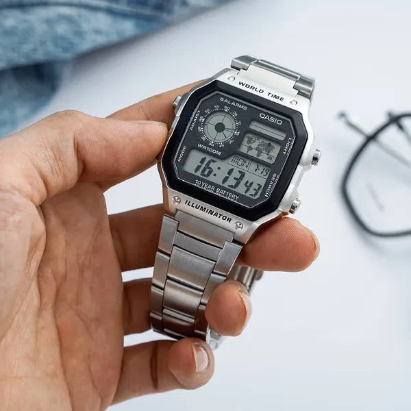 Casio AE-1200WHD-1A férfi karóra, acél szíj, kvarc, világidő, WR100