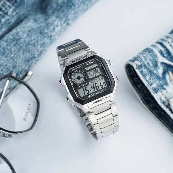 Casio AE-1200WHD-1A férfi karóra, acél szíj, kvarc, világidő, WR100