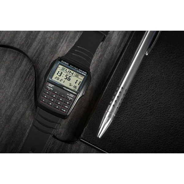 Casio Databank DBC-32-1A férfi digitális karóra, fekete, kalkulátor, WR30