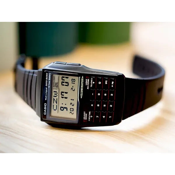 Casio Databank DBC-32-1A férfi digitális karóra, fekete, kalkulátor, WR30