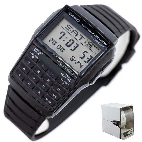 Casio Databank DBC-32-1A férfi digitális karóra, fekete, kalkulátor, WR30