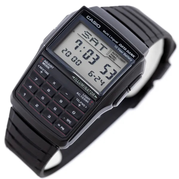 Casio Databank DBC-32-1A férfi digitális karóra, fekete, kalkulátor, WR30