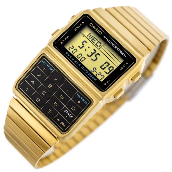Casio DBC-611G-1 Vintage Databank arany férfi digitális karóra, kalkulátor, WR30