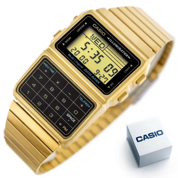 Casio DBC-611G-1 Vintage Databank arany férfi digitális karóra, kalkulátor, WR30
