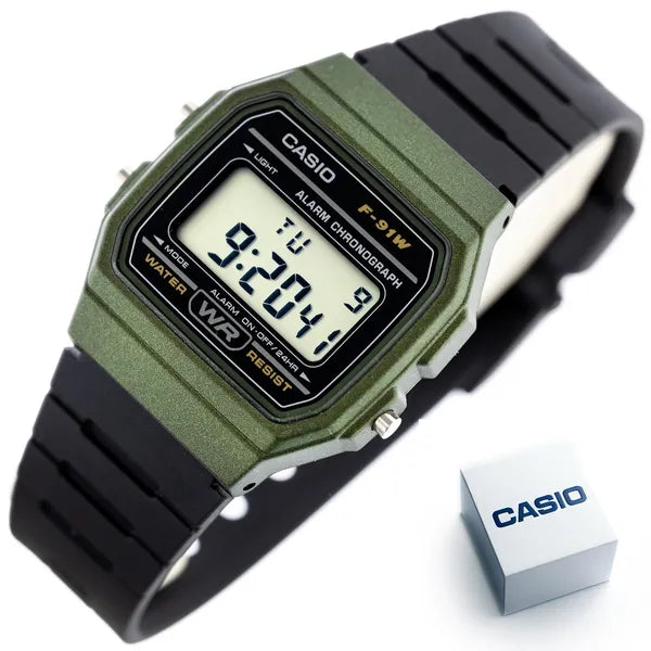 Casio F-91WM-3AER férfi digitális karóra, zöld tok, fekete szíj, WR100