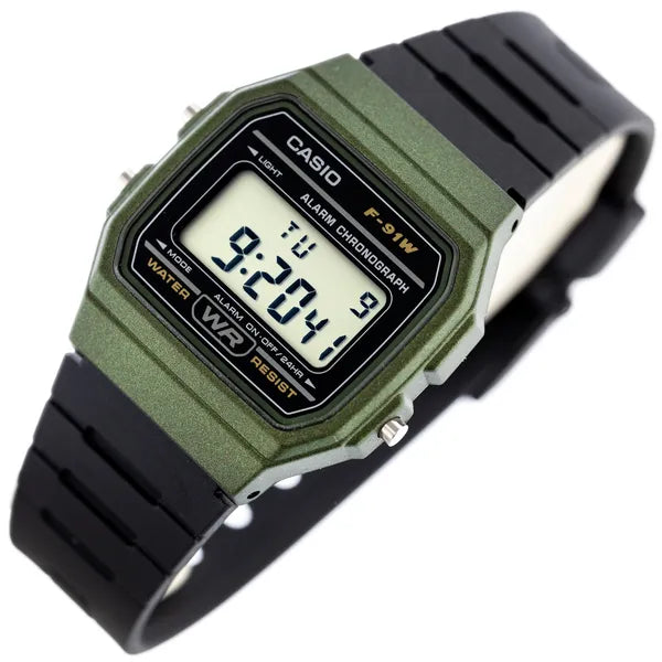 Casio F-91WM-3AER férfi digitális karóra, zöld tok, fekete szíj, WR100