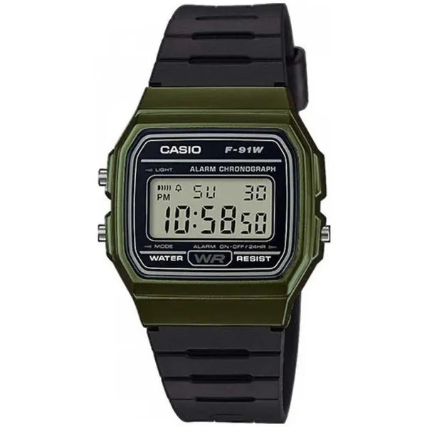 Casio F-91WM-3AER férfi digitális karóra, zöld tok, fekete szíj, WR100