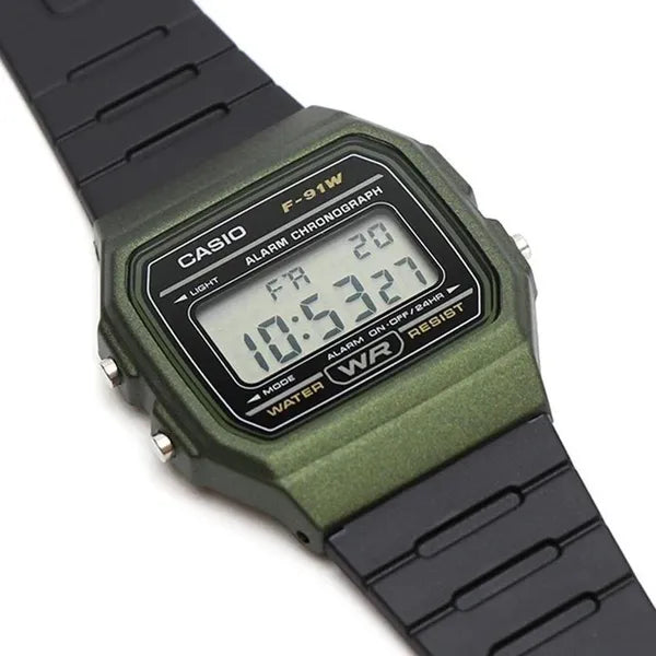 Casio F-91WM-3AER férfi digitális karóra, zöld tok, fekete szíj, WR100