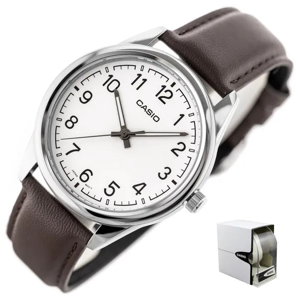 Casio férfi karóra, kvarc, 40 mm, fehér számlap, barna bőr szíj, WR30, díszdoboz