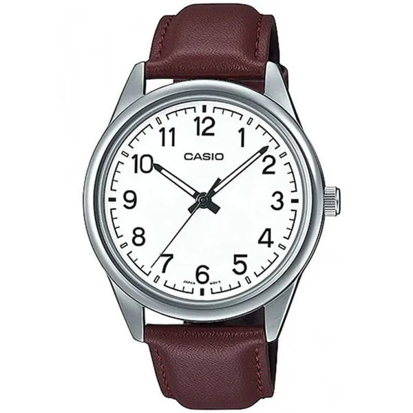 Casio férfi karóra, kvarc, 40 mm, fehér számlap, barna bőr szíj, WR30, díszdoboz
