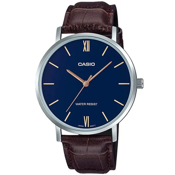 Casio MTP-VT01L-2B férfi karóra, sötétkék számlap, barna bőr, WR30, díszdoboz