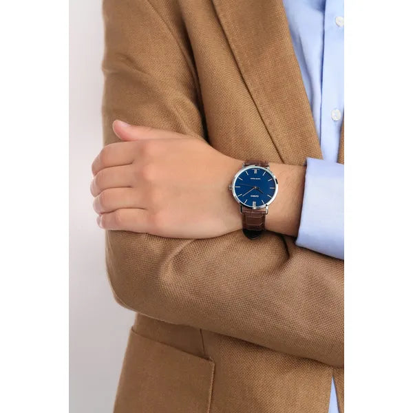 Casio MTP-VT01L-2B férfi karóra, sötétkék számlap, barna bőr, WR30, díszdoboz