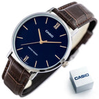 Casio MTP-VT01L-2B férfi karóra, sötétkék számlap, barna bőr, WR30, díszdoboz