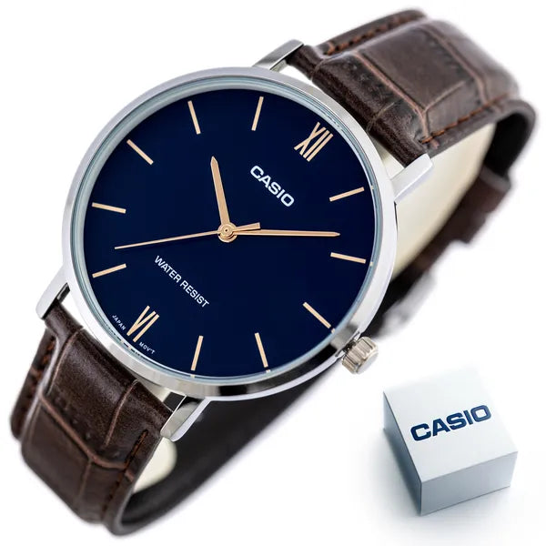 Casio MTP-VT01L-2B férfi karóra, sötétkék számlap, barna bőr, WR30, díszdoboz