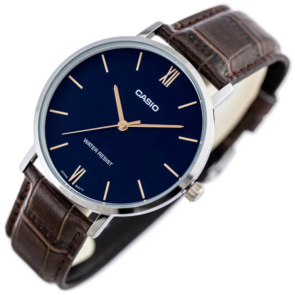 Casio MTP-VT01L-2B férfi karóra, sötétkék számlap, barna bőr, WR30, díszdoboz