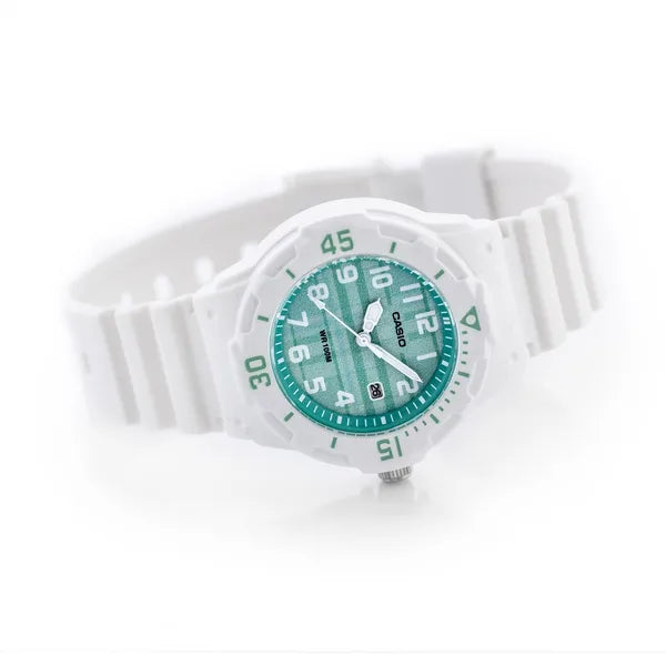 Casio LRW-200H-3CVDF női karóra, 33 mm, zöld számlap, fehér szíj, WR100