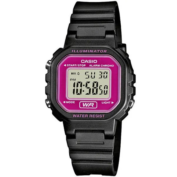 Casio LA-20WH-4ADF gyerek digitális karóra, fekete szíj, rózsaszín kijelző WR30