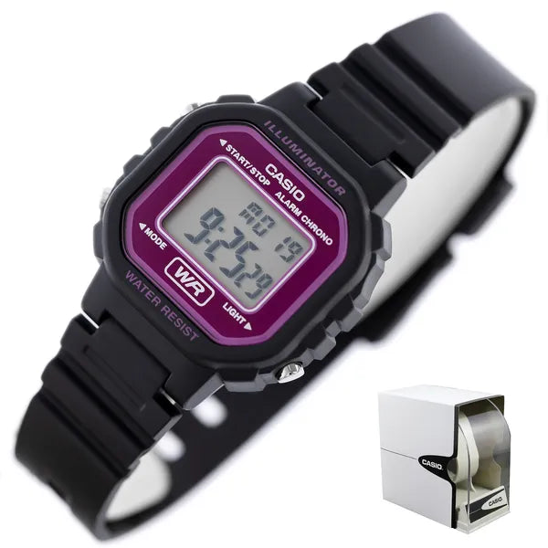 Casio LA-20WH-4ADF gyerek digitális karóra, fekete szíj, rózsaszín kijelző WR30