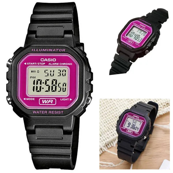 Casio LA-20WH-4ADF gyerek digitális karóra, fekete szíj, rózsaszín kijelző WR30