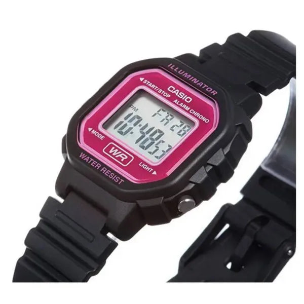 Casio LA-20WH-4ADF gyerek digitális karóra, fekete szíj, rózsaszín kijelző WR30
