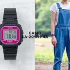 Casio LA-20WH-4ADF gyerek digitális karóra, fekete szíj, rózsaszín kijelző WR30