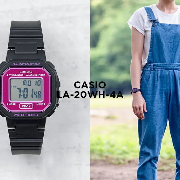 Casio LA-20WH-4ADF gyerek digitális karóra, fekete szíj, rózsaszín kijelző WR30