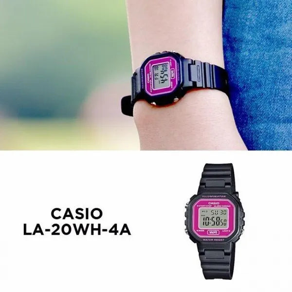 Casio LA-20WH-4ADF gyerek digitális karóra, fekete szíj, rózsaszín kijelző WR30