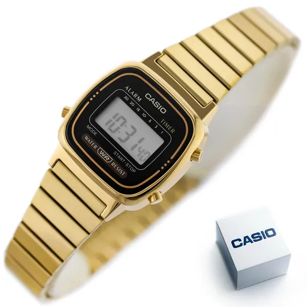 Casio Vintage LA670WGA-1 női digitális karóra, arany, WR30, díszdoboz