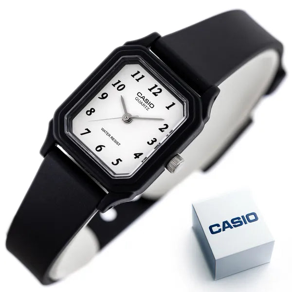 Casio LQ-142-7B női karóra, fekete műanyag szíj, fehér számlap, WR30