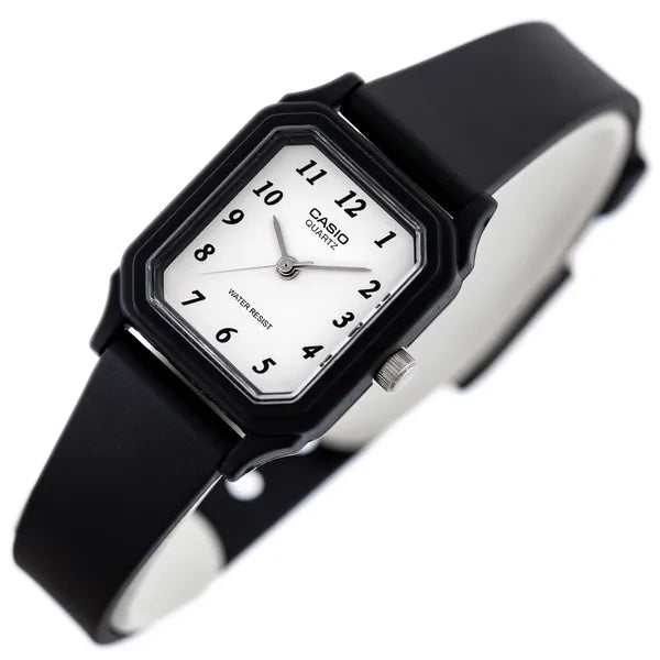 Casio LQ-142-7B női karóra, fekete műanyag szíj, fehér számlap, WR30