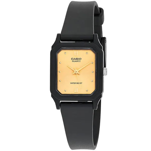 Casio LQ-142E-9A női karóra – fekete műanyag szíj, arany számlap, WR30