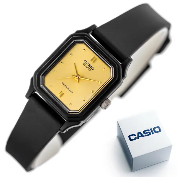 Casio LQ-142E-9A női karóra – fekete műanyag szíj, arany számlap, WR30