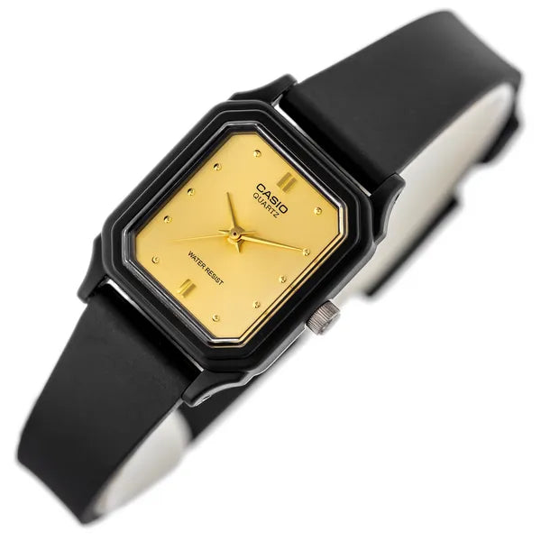 Casio LQ-142E-9A női karóra – fekete műanyag szíj, arany számlap, WR30