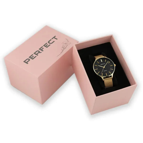Perfect F353-05 női karóra, fekete számlap, arany fémszíj, 36 mm + díszdoboz