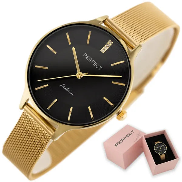 Perfect F353-05 női karóra, fekete számlap, arany fémszíj, 36 mm + díszdoboz