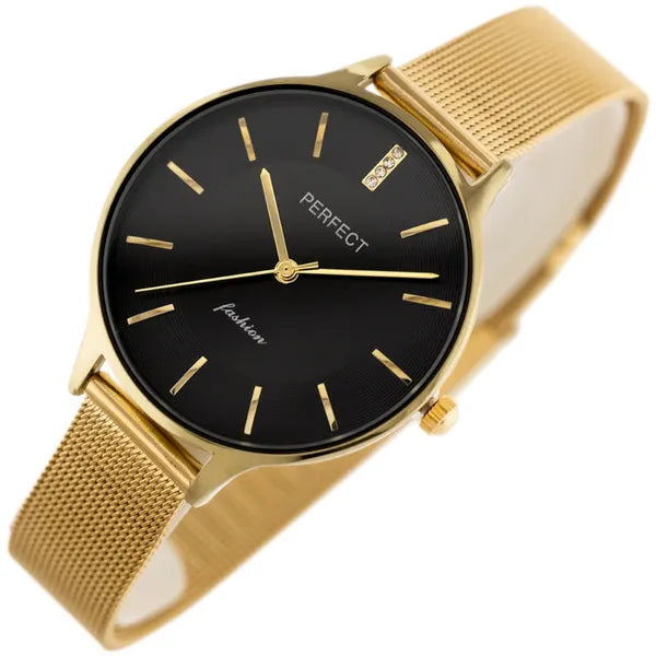 Perfect F353-05 női karóra, fekete számlap, arany fémszíj, 36 mm + díszdoboz