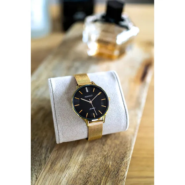 Perfect F353-05 női karóra, fekete számlap, arany fémszíj, 36 mm + díszdoboz