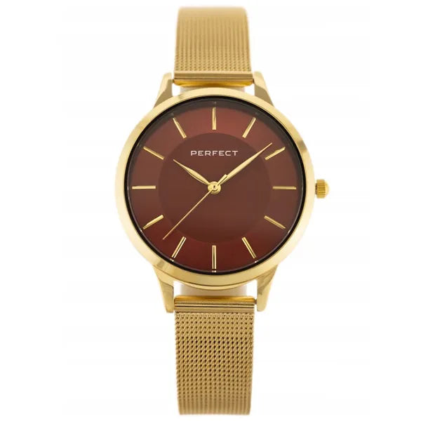 Perfect F359-06 női karóra, arany fémszíj, piros számlap, 34 mm