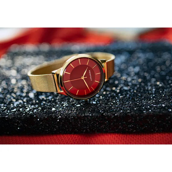 Perfect F359-06 női karóra, arany fémszíj, piros számlap, 34 mm