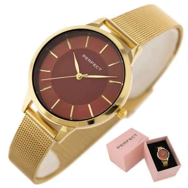 Perfect F359-06 női karóra, arany fémszíj, piros számlap, 34 mm