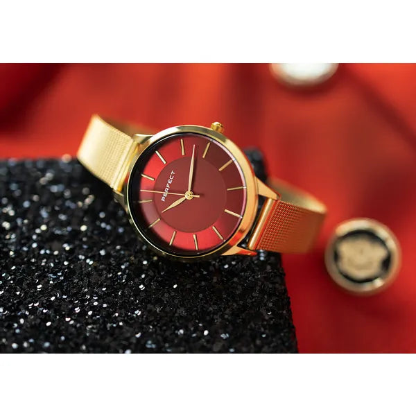 Perfect F359-06 női karóra, arany fémszíj, piros számlap, 34 mm