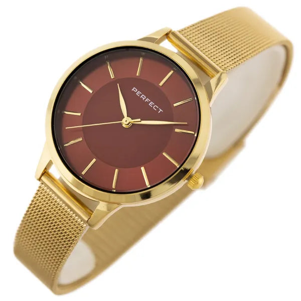 Perfect F359-06 női karóra, arany fémszíj, piros számlap, 34 mm