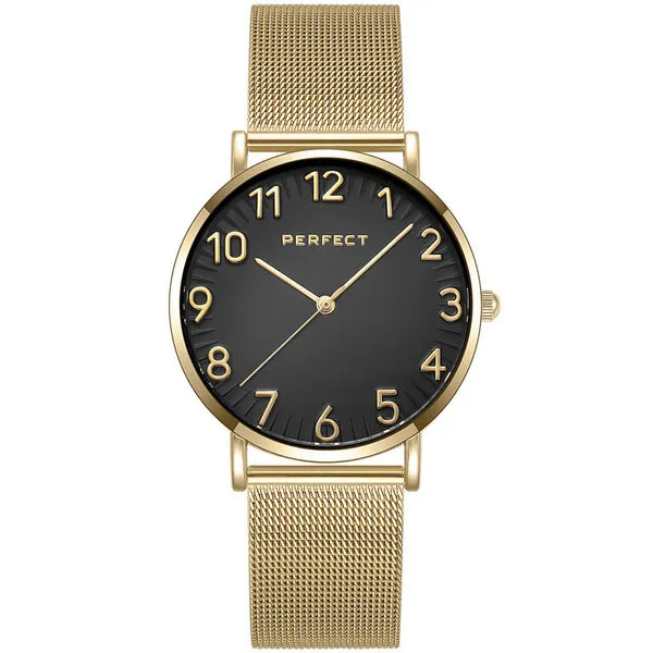 Perfect F342-06 női karóra, arany fémszíj, fekete számlap, 36 mm, WR30