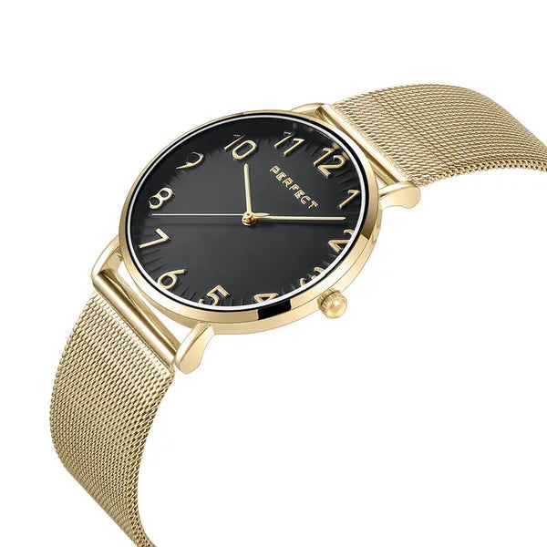 Perfect F342-06 női karóra, arany fémszíj, fekete számlap, 36 mm, WR30