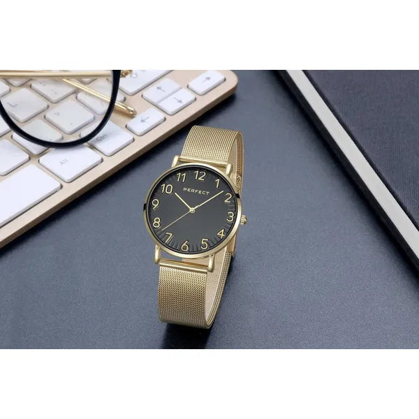 Perfect F342-06 női karóra, arany fémszíj, fekete számlap, 36 mm, WR30